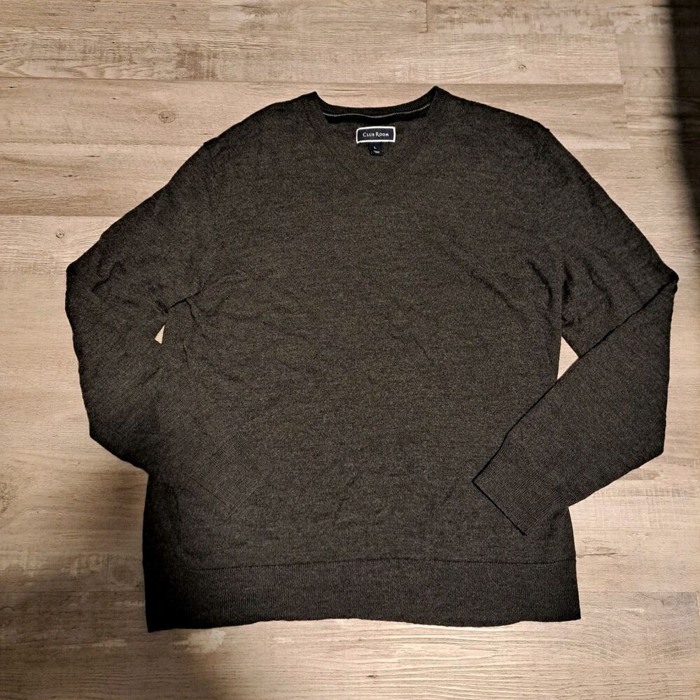 Club Room Merino Wool Blend Sweater Mens Size L Gray Long Sleeve V Neck Pullover